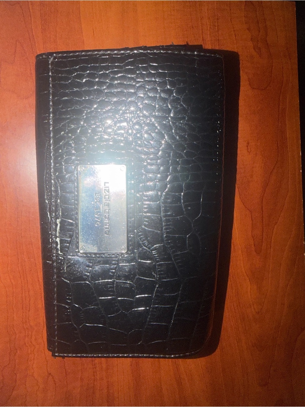 Liz Claiborne Black Croc-Embossed Phone Wallet with Metal Logo Plate